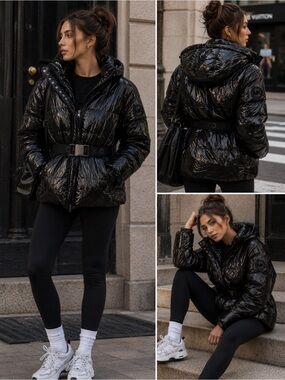 Michael Kors Glossy Black Quilted Belted Puffer Jacket with Hood